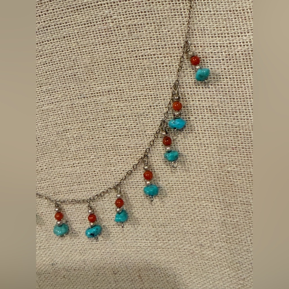 Vintage Delicate Silver Chain Necklace with Turquoise and Red Beads - Picture 4 of 5